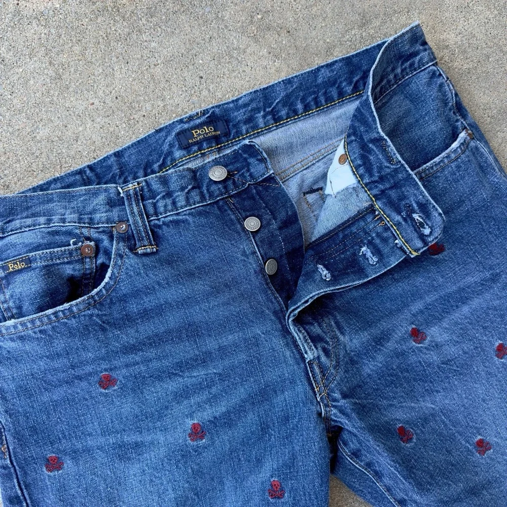 Polo‎ Ralph Lauren Blue Sullivan Slim Skull Crossbones Embroidered Jeans - 34x30